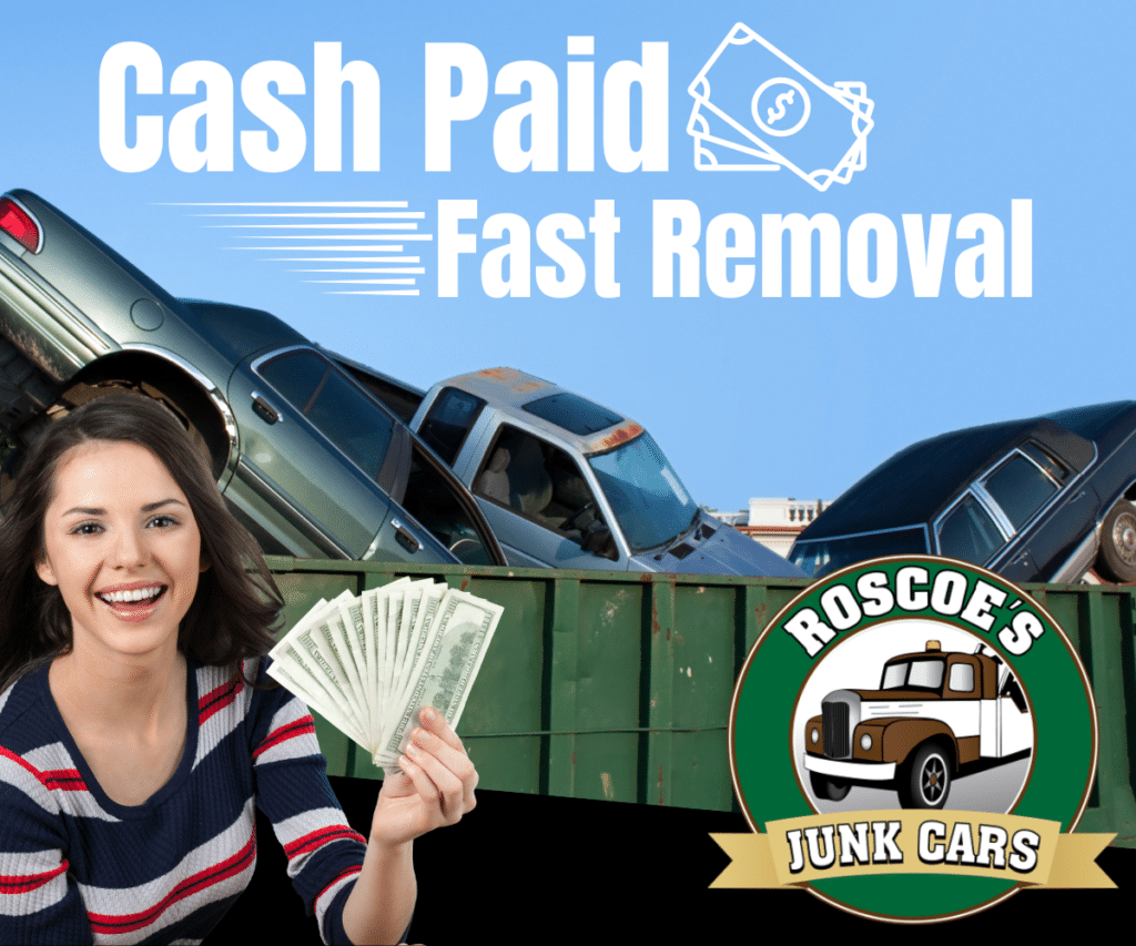 woman holding cash paid for cars without titles in a dumpster with the roscoes junk cars logo.